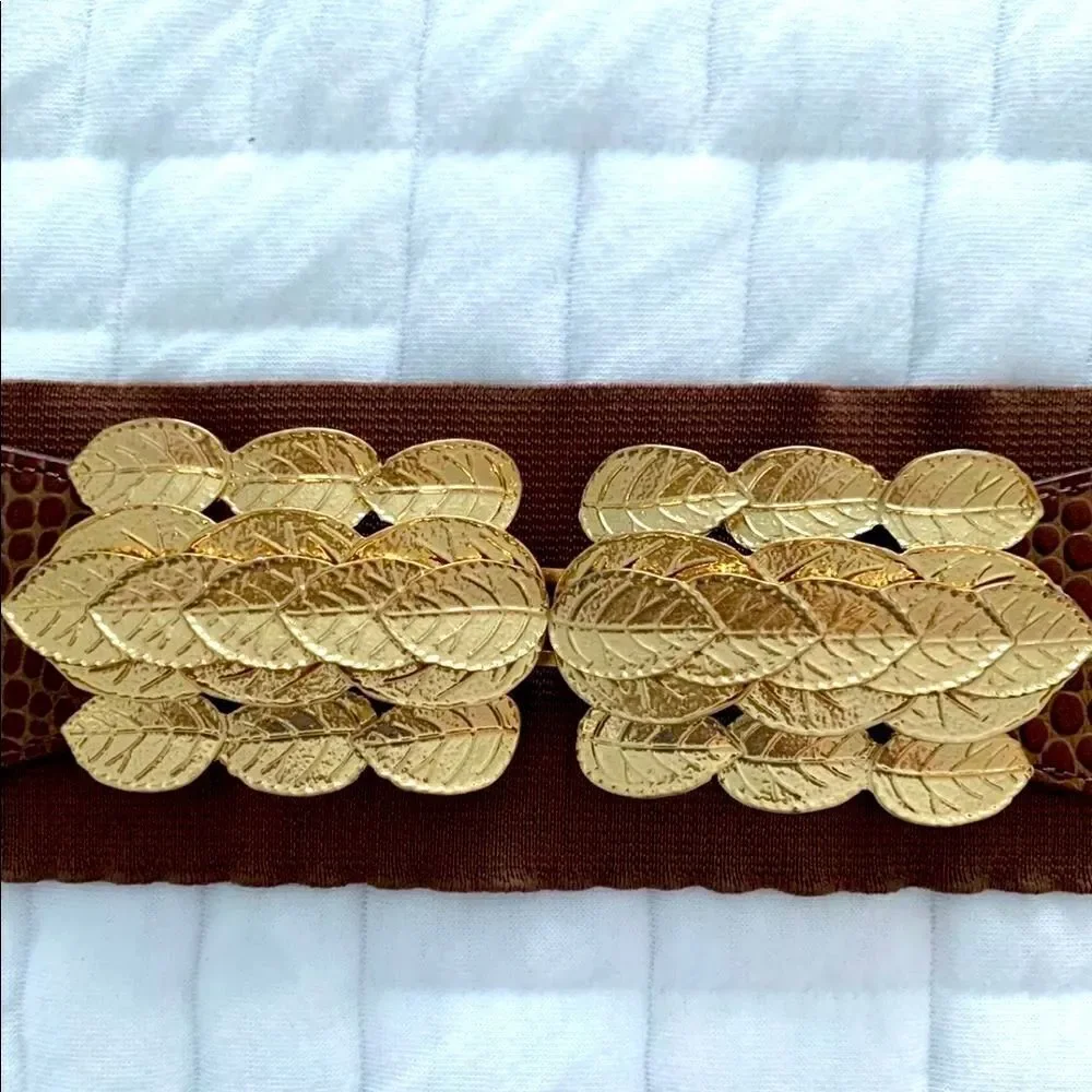 BCBG Stretch Wide Waist Belt, Gold Leaf Detail